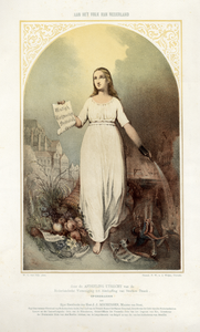 32680 Zinnebeeldige prent op het afschaffen van sterke drank, met op de achtergrond het koor van de Domkerk te ...